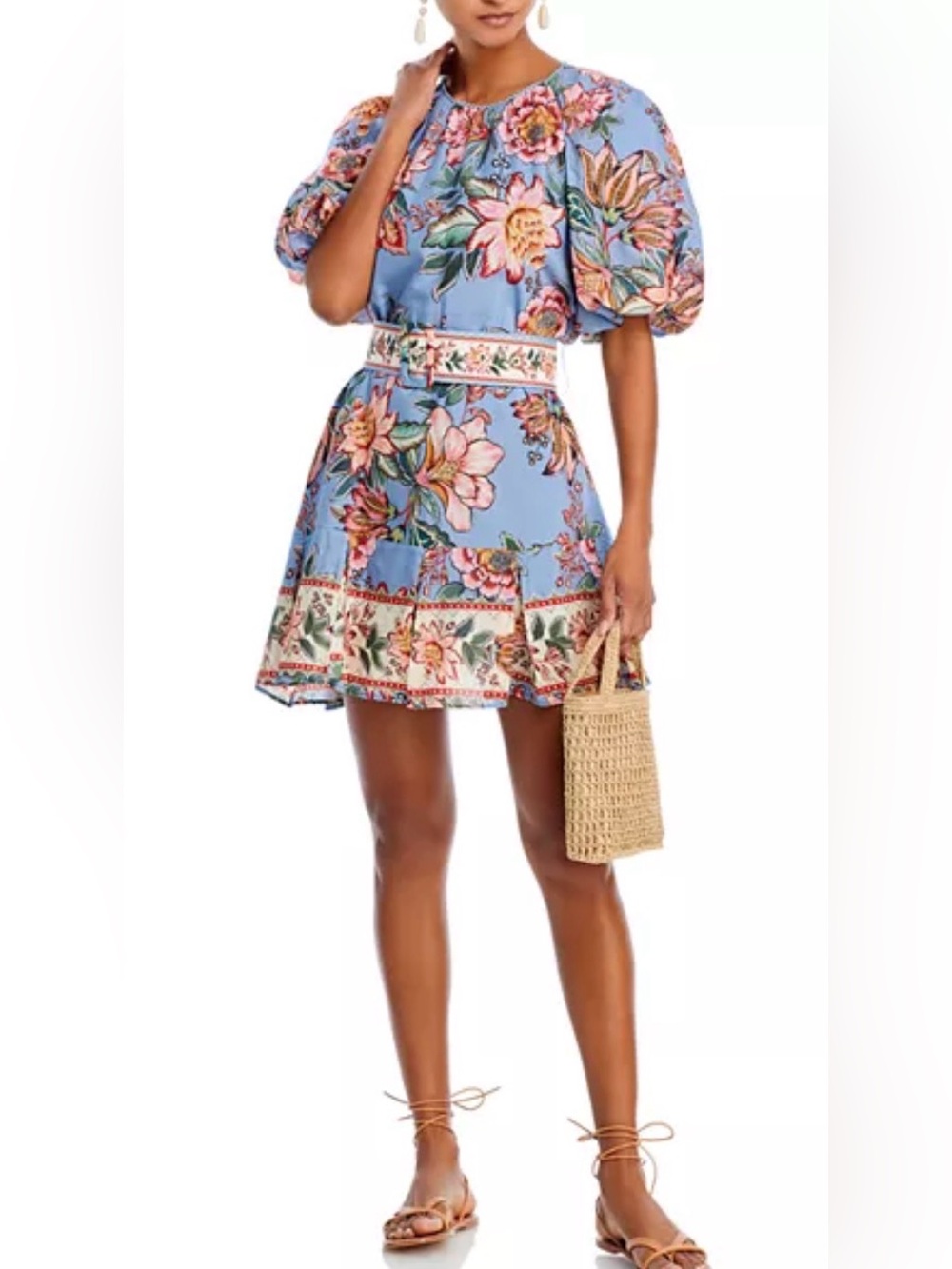 FARM Rio Wonderful Bouquet Mini Dress in a blue floral print with puff sleeves